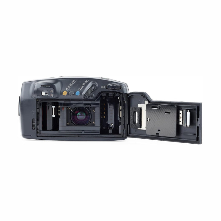ClubCamera.com rear view black Pentax Zoom 105R film camera with open battery and film compartment revealing internal spool