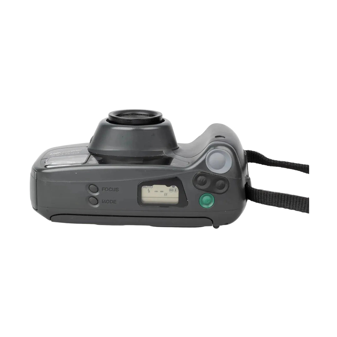 Top control panel of automatic Pentax 90WR compact film camera with green shutter button at ClubCamera.com