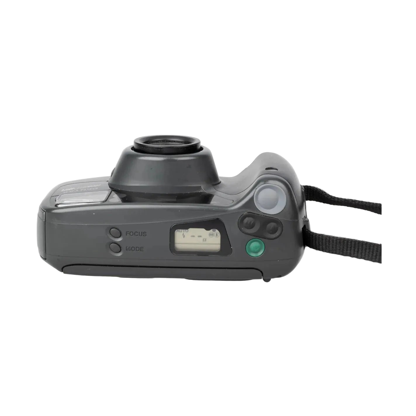 Top control panel of automatic Pentax 90WR compact film camera with green shutter button at ClubCamera.com