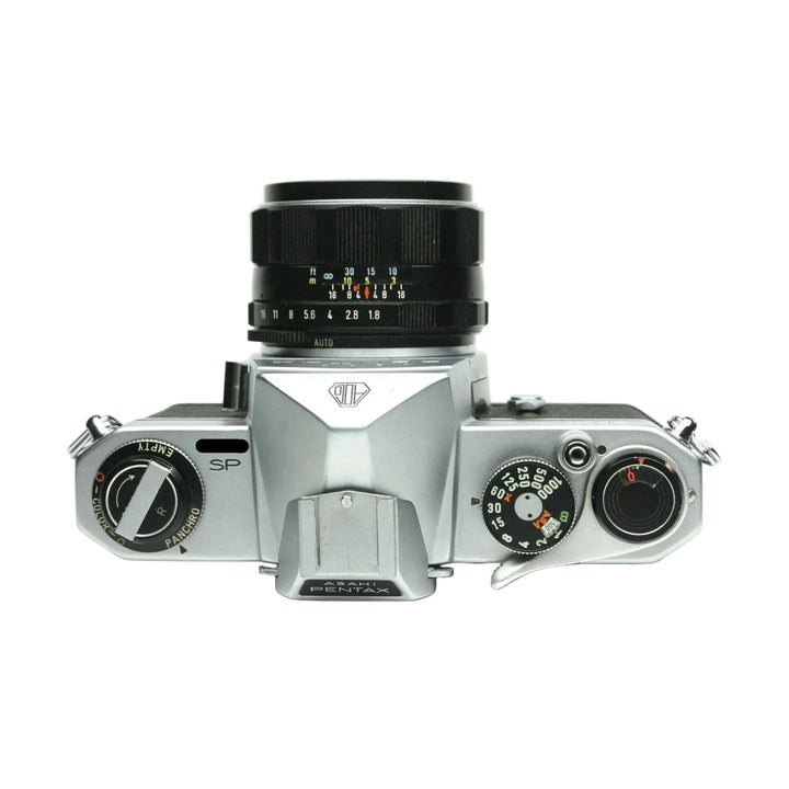 Top-down silver Pentax Asahi Spotmatic SLR film camera with M42 lens and shutter dials at ClubCamera.com