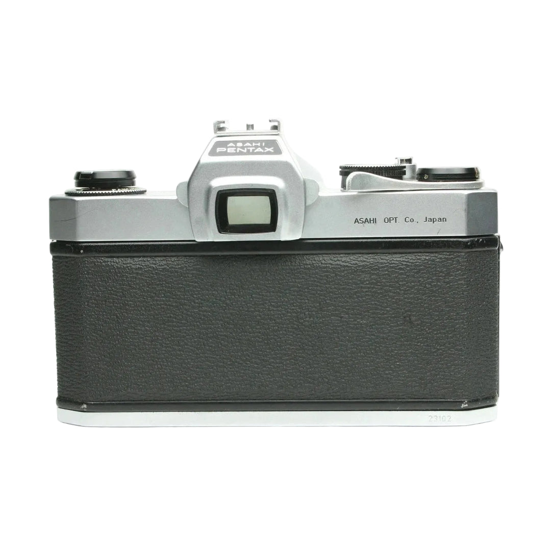 Rear view black leatherette back cover of silver Pentax Asahi Spotmatic SLR film camera at ClubCamera.com
