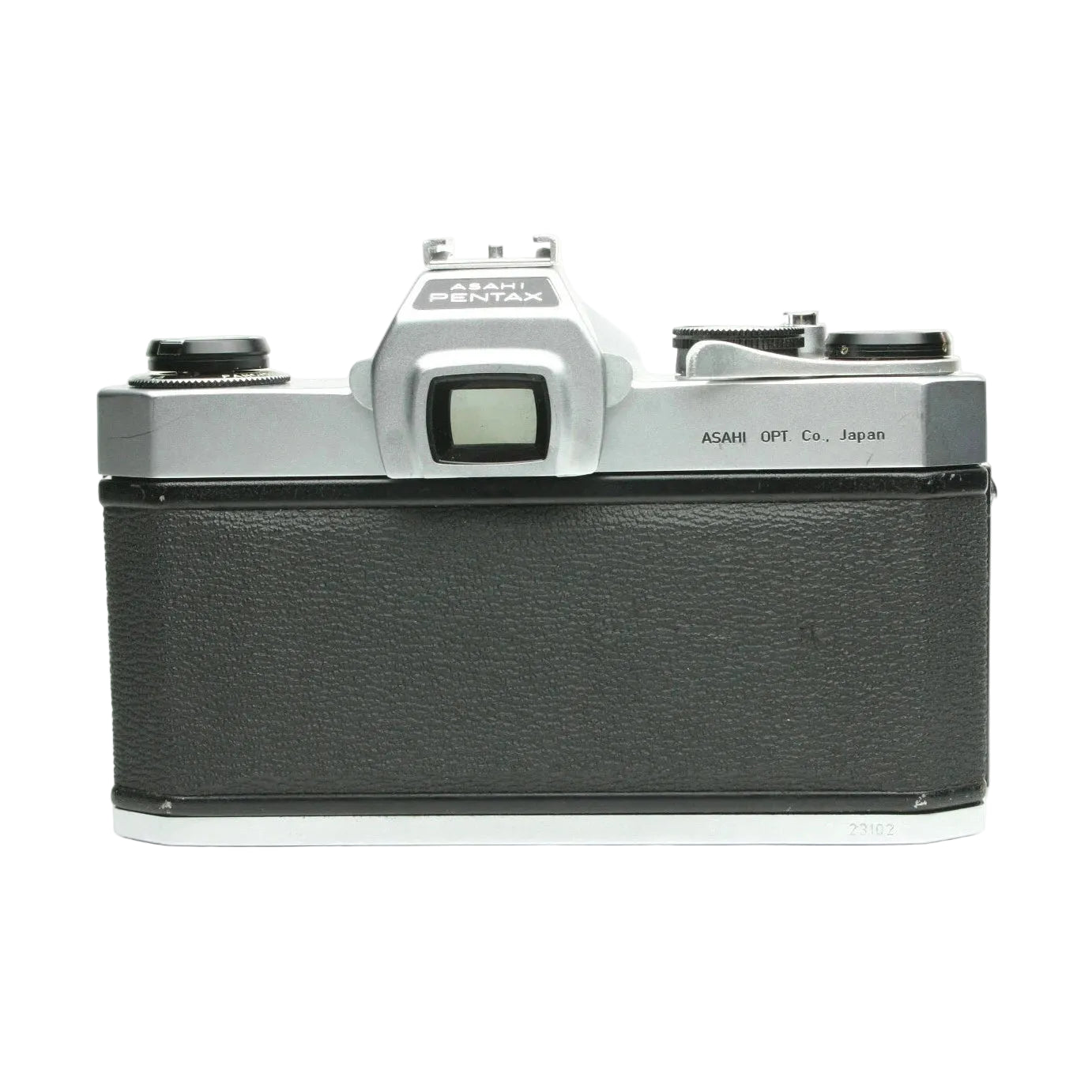 Rear view black leatherette back cover of silver Pentax Asahi Spotmatic SLR film camera at ClubCamera.com