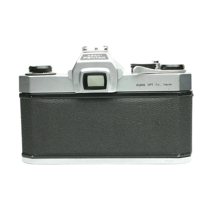 Rear view black leatherette back cover of silver Pentax Asahi Spotmatic SLR film camera at ClubCamera.com