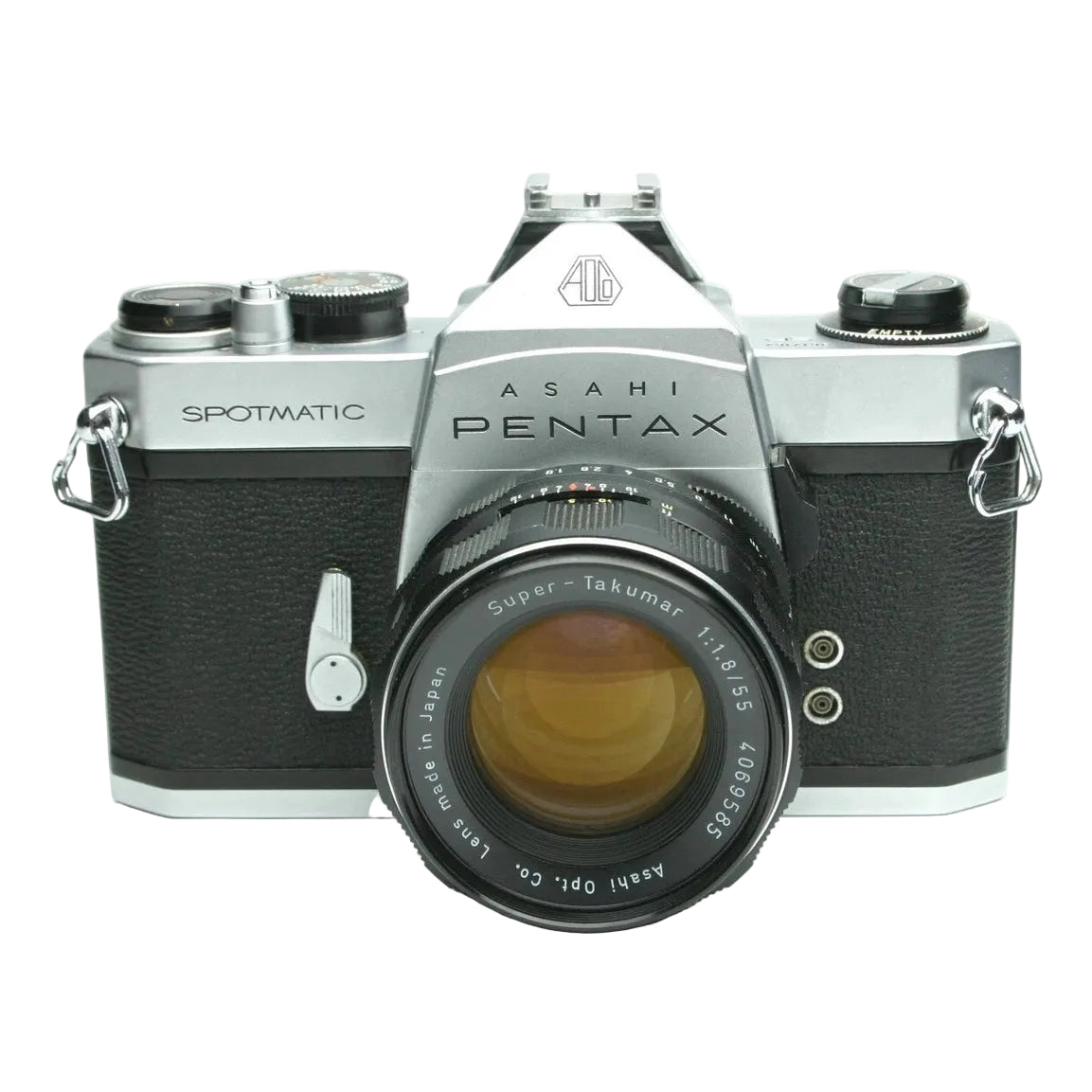 Front shot silver Pentax Asahi Spotmatic with Super-Takumar 50mm f/1.8 lens gold glass at ClubCamera.com