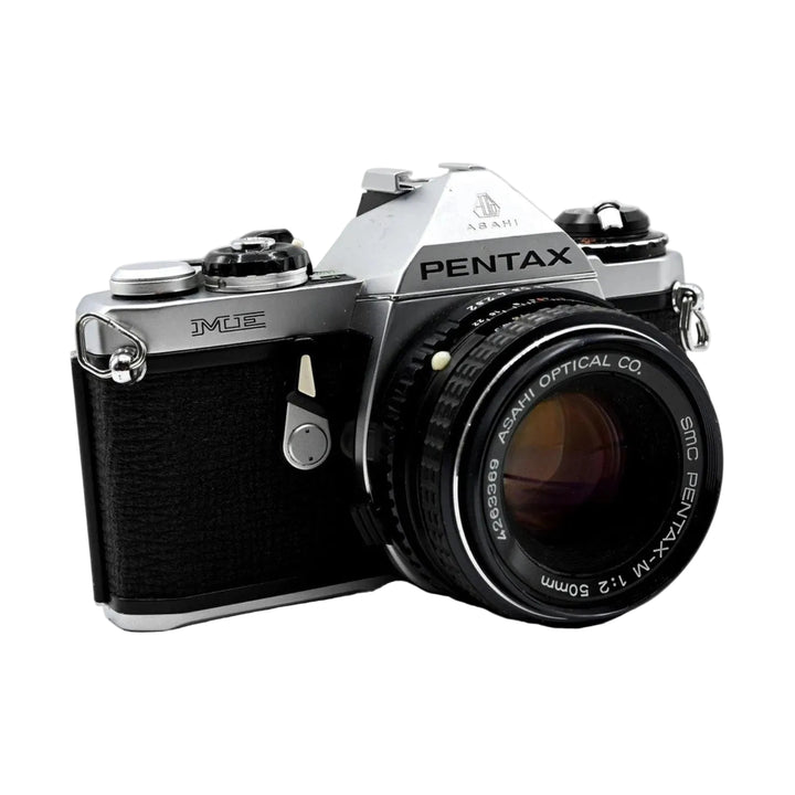 Pentax ME 35mm SLR with SMC PENTAX-M 50mm lens f/2 front angle showing aperture ring and serial number at ClubCamera.com