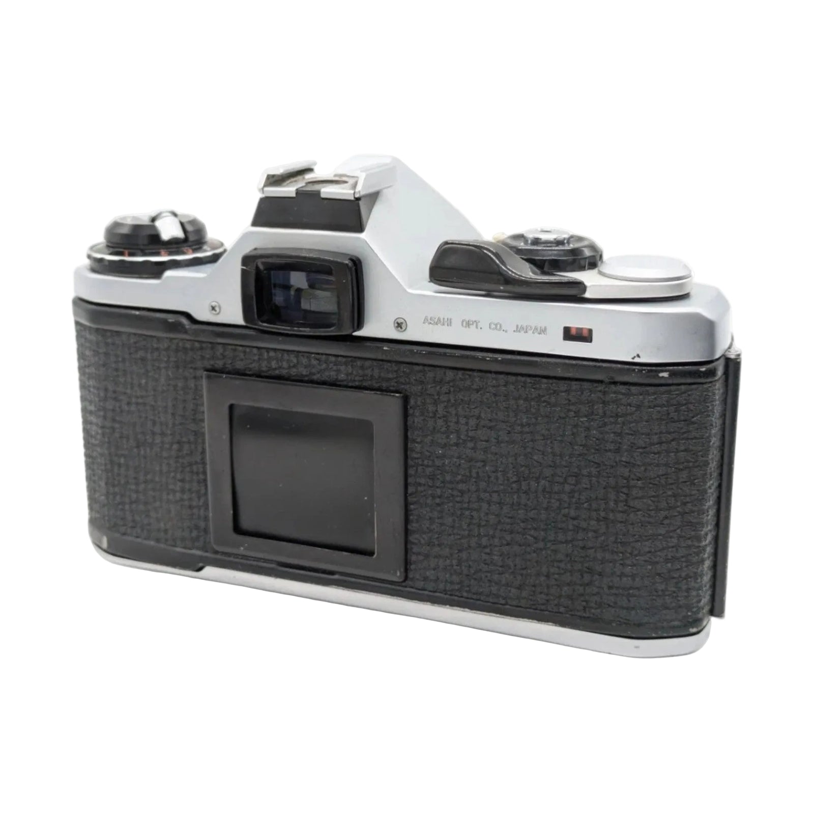 ClubCamera.com rear view of silver and black Pentax ME SLR film camera with textured rubber grip and ASAHI OPT. CO., JAPAN engraving