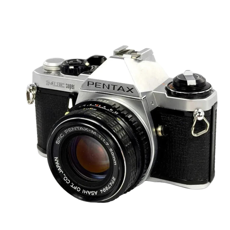 Pentax ME Super 35mm SLR kit with SMC PENTAX-M 50mm f/1.7 lens front view showing engraved details from ClubCamera.com