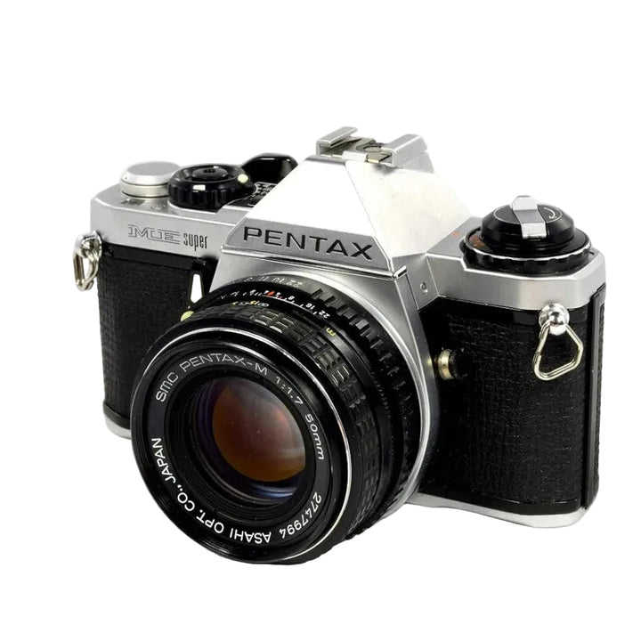 Pentax ME Super 35mm SLR kit with SMC PENTAX-M 50mm f/1.7 lens front view showing engraved details from ClubCamera.com