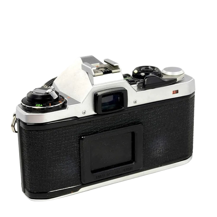 Pentax ME Super silver and black SLR film camera rear view with ASA dial and textured grip at ClubCamera.com