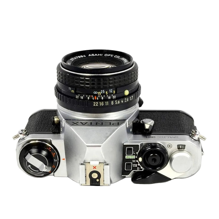 Top-down Pentax ME Super SLR film camera control layout with shutter speed dial and mode selector at ClubCamera.com