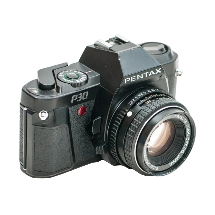 Pentax P30 35mm SLR side view showing green ring program dial and exposure controls from ClubCamera.com