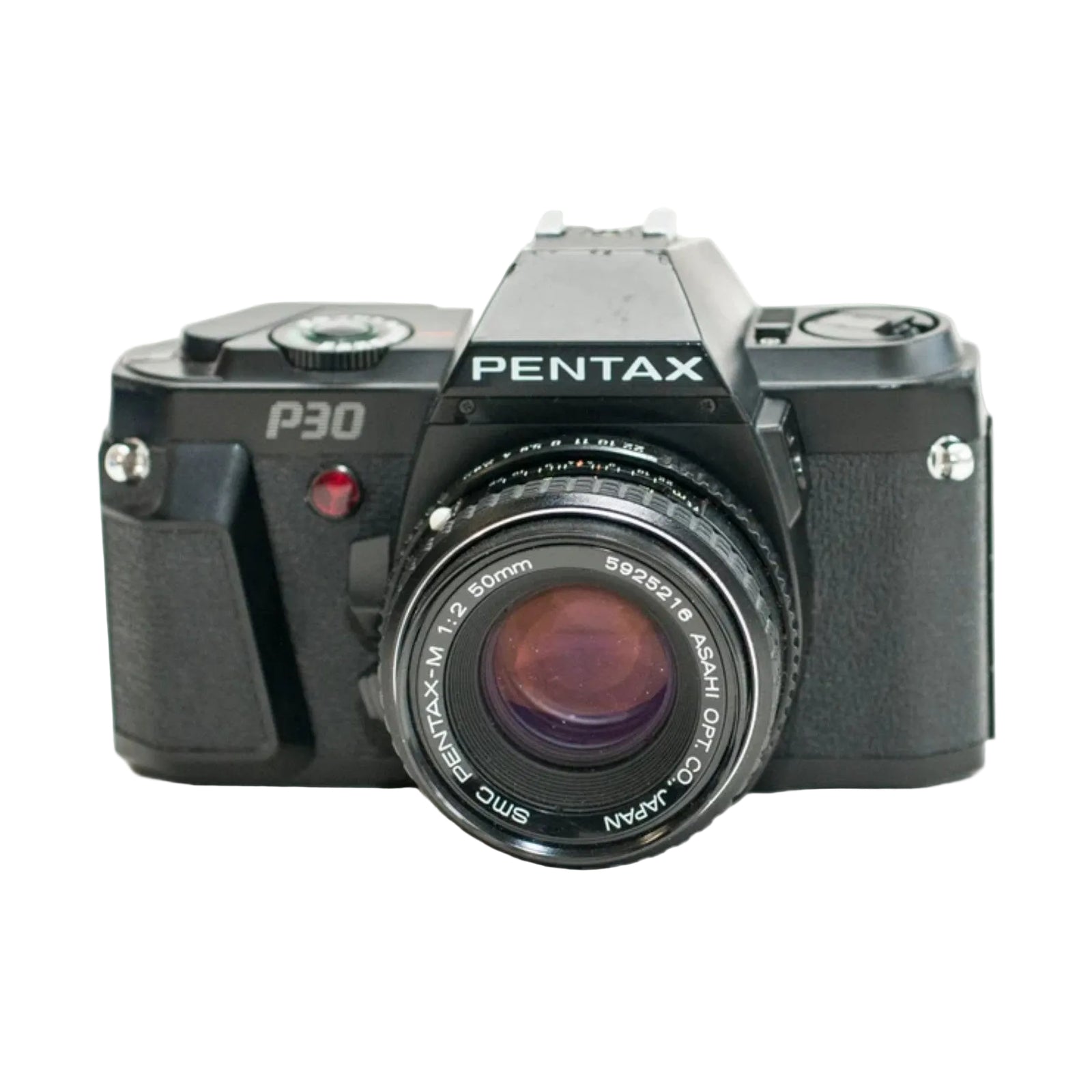 Black Pentax P30 SLR film camera with 50mm lens and textured grip at ClubCamera.com