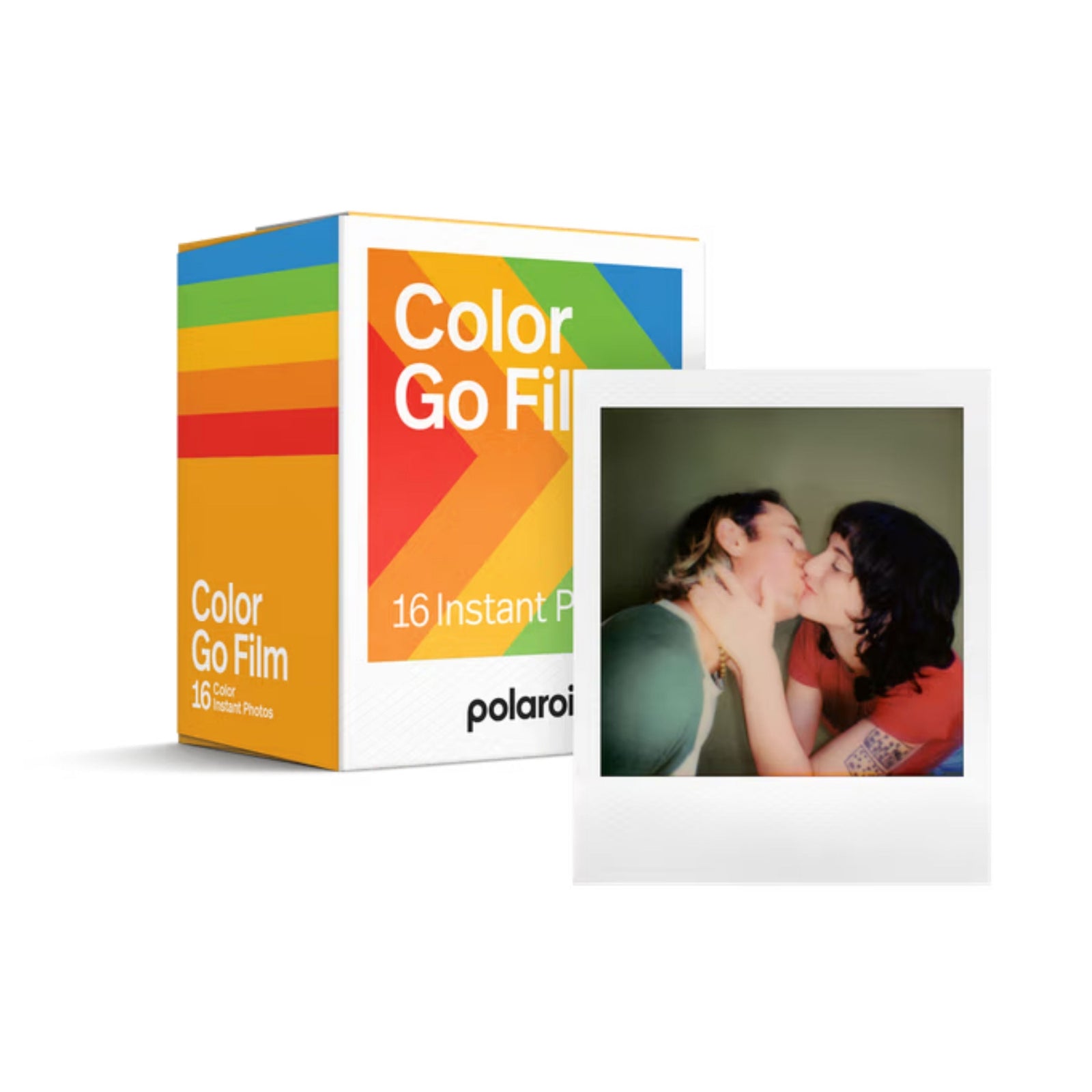 ClubCamera.com Polaroid Go Color Film packaging next to developed kiss photo print showing white border