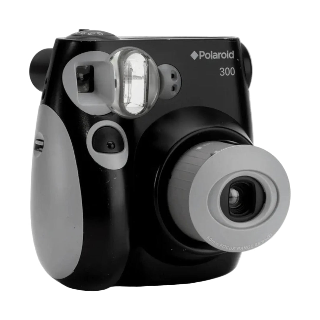 Black and gray Polaroid 300 instant camera on a white background