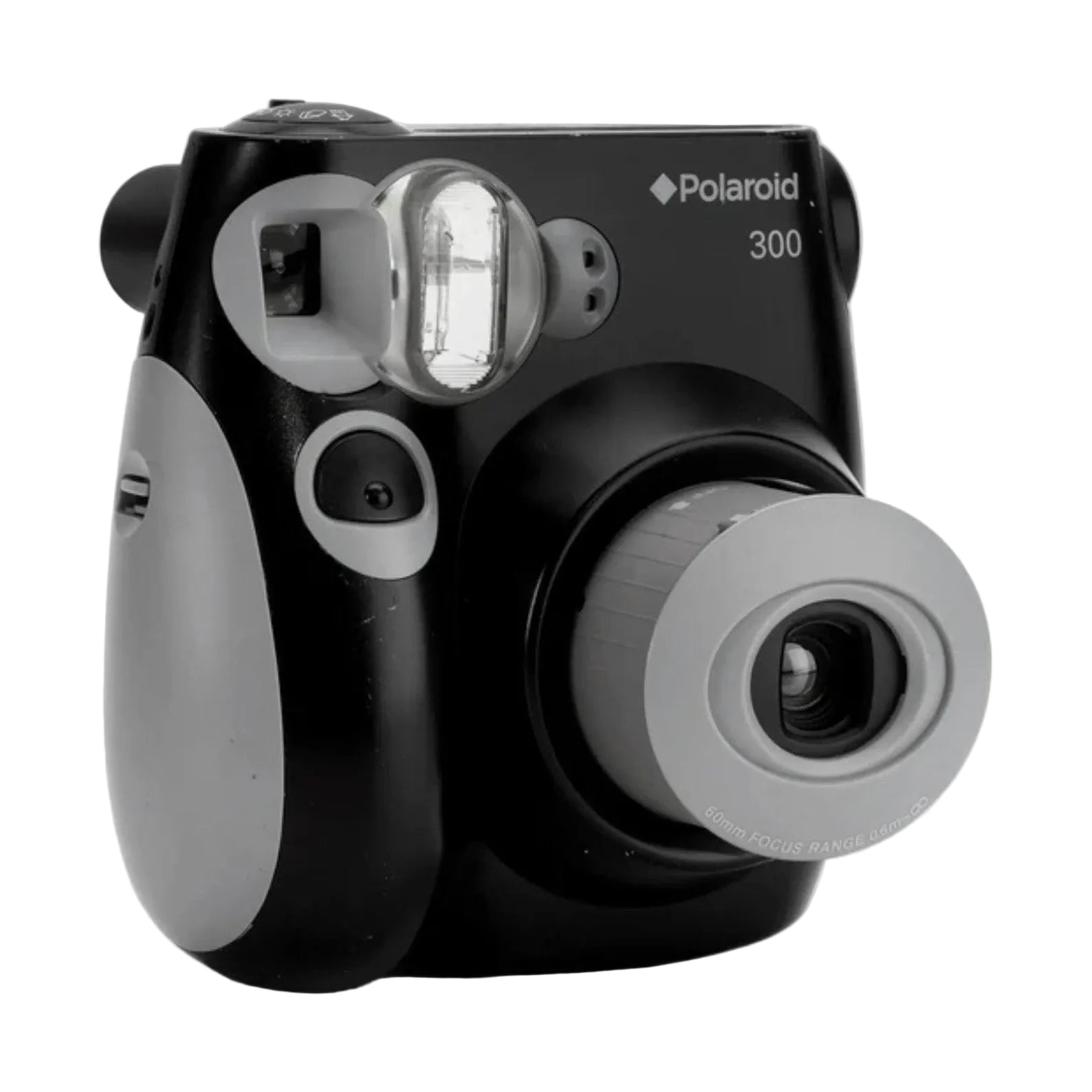 Black and gray Polaroid 300 instant camera on a white background