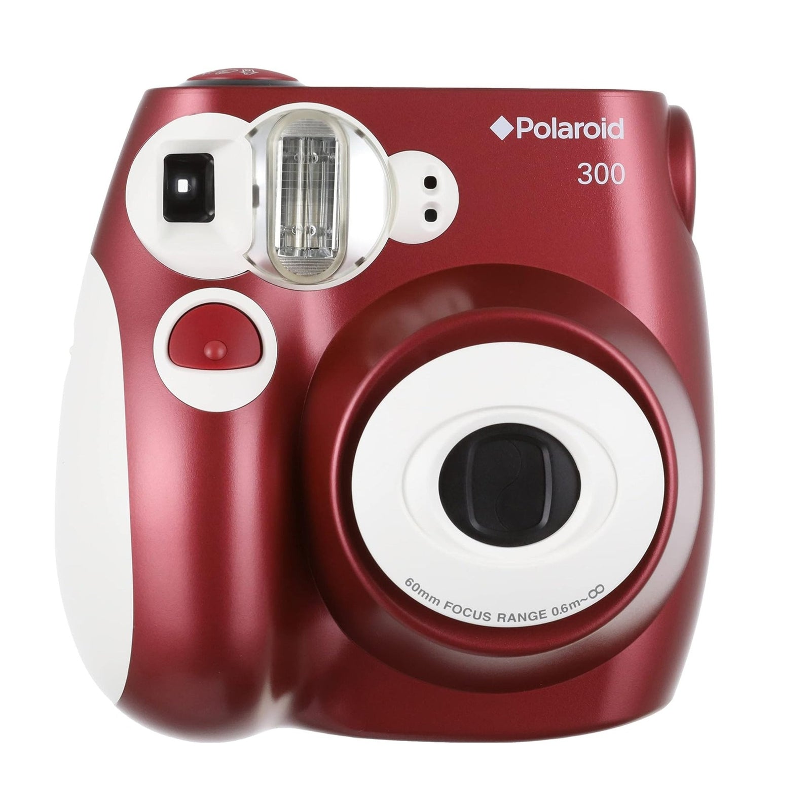 ClubCamera.com glossy deep red Polaroid 300 point-and-shoot film camera front view with white lens ring and pop-up flash