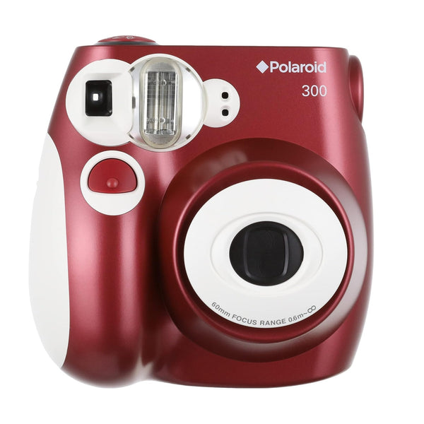 ClubCamera.com glossy deep red Polaroid 300 point-and-shoot film camera front view with white lens ring and pop-up flash