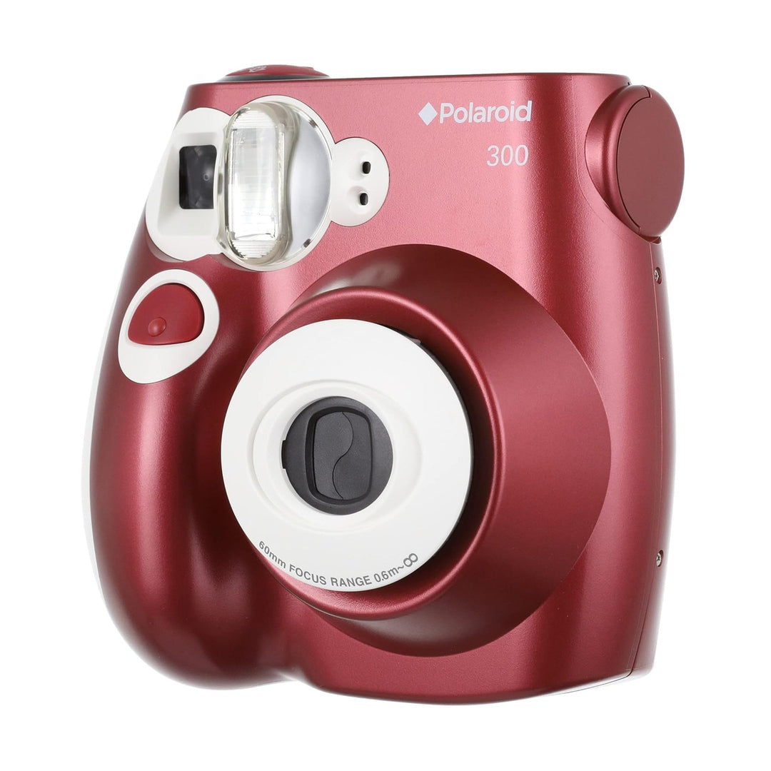ClubCamera.com vibrant metallic red Polaroid 300 instant camera three-quarter angle highlighting curved body design and branding