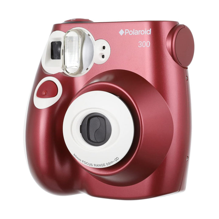 ClubCamera.com vibrant metallic red Polaroid 300 instant camera three-quarter angle highlighting curved body design and branding