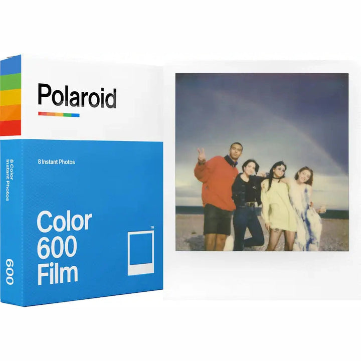 Polaroid Color 600 Film box with rainbow stripe and sample beach photo print by ClubCamera.com