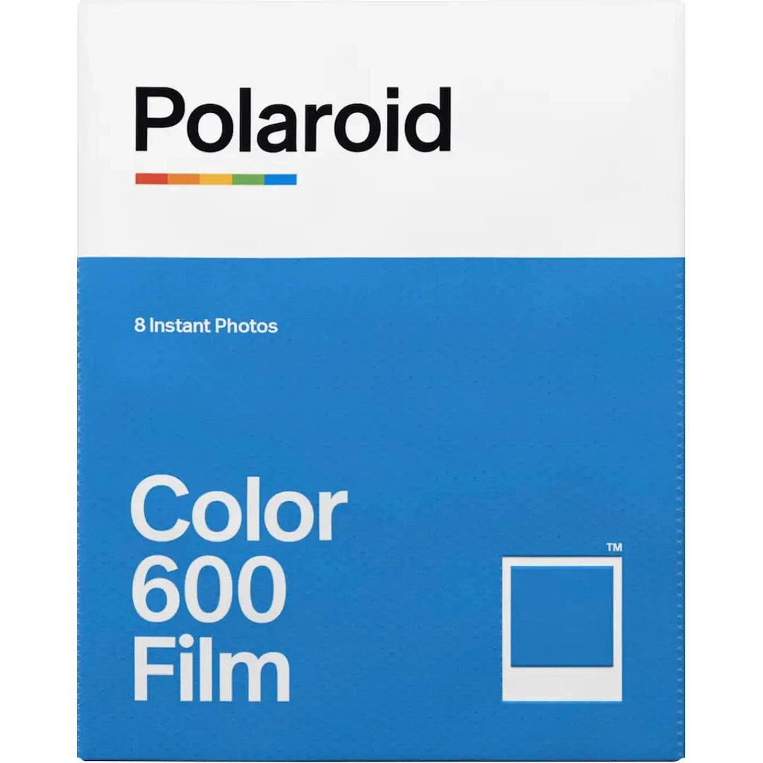 Blue textured Polaroid Color 600 Film packaging with rainbow logo and foil seal from ClubCamera.com