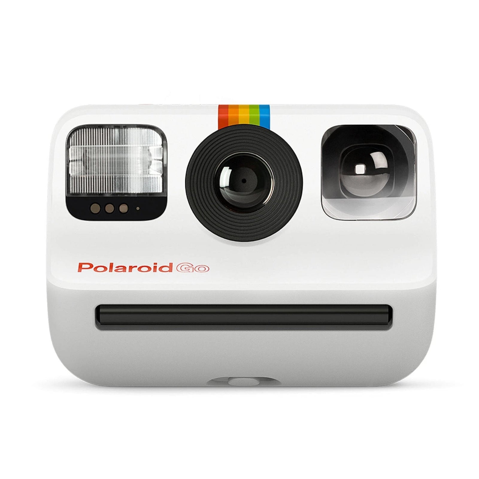 Front layout of white Polaroid Go instant camera with black lens ring and flash buttons