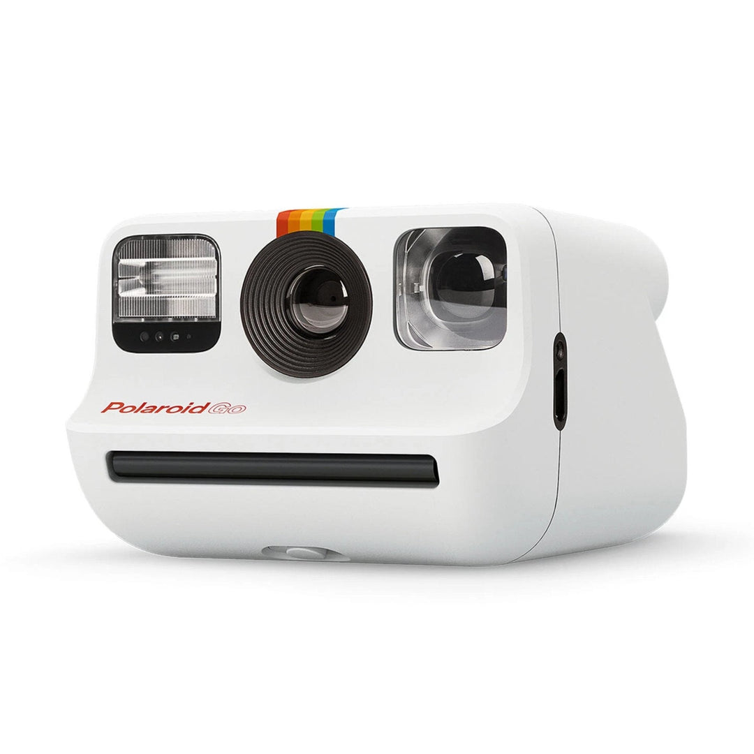 White Polaroid Go instant mini camera front view with rainbow stripe and ClubCamera branding