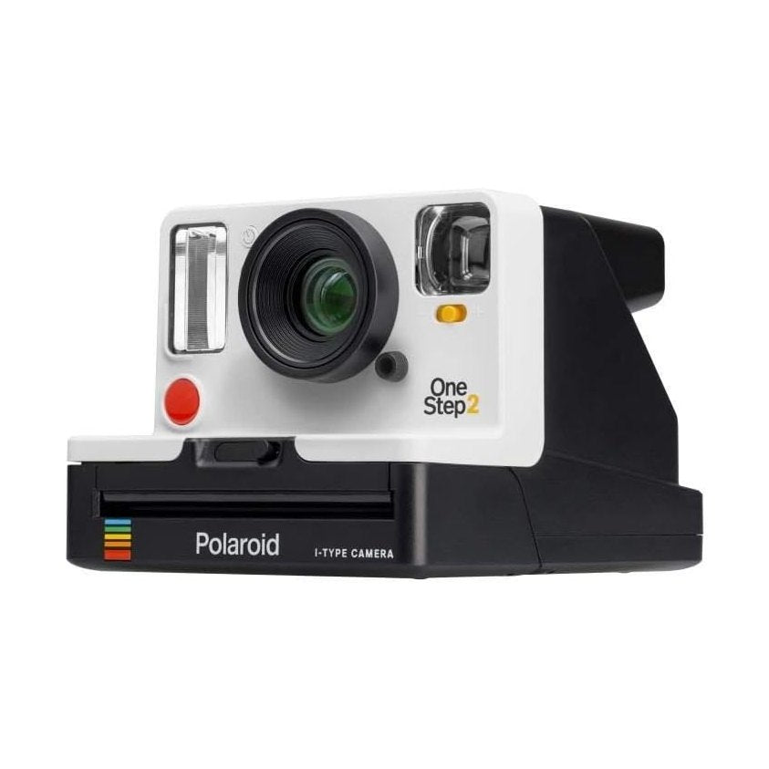 white Polaroid OneStep 2 I-Type instant camera side angle showing lens, flash, and colorful striped logo at ClubCamera.com