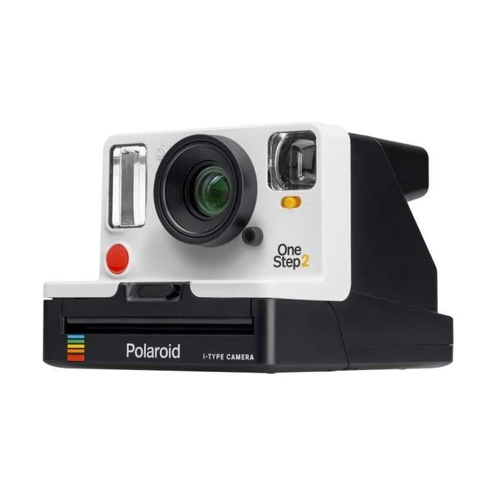 white Polaroid OneStep 2 I-Type instant camera side angle showing lens, flash, and colorful striped logo at ClubCamera.com