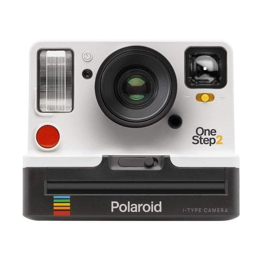 front view white Polaroid OneStep 2 VF instant camera with green-tinted lens and red shutter button at ClubCamera.com