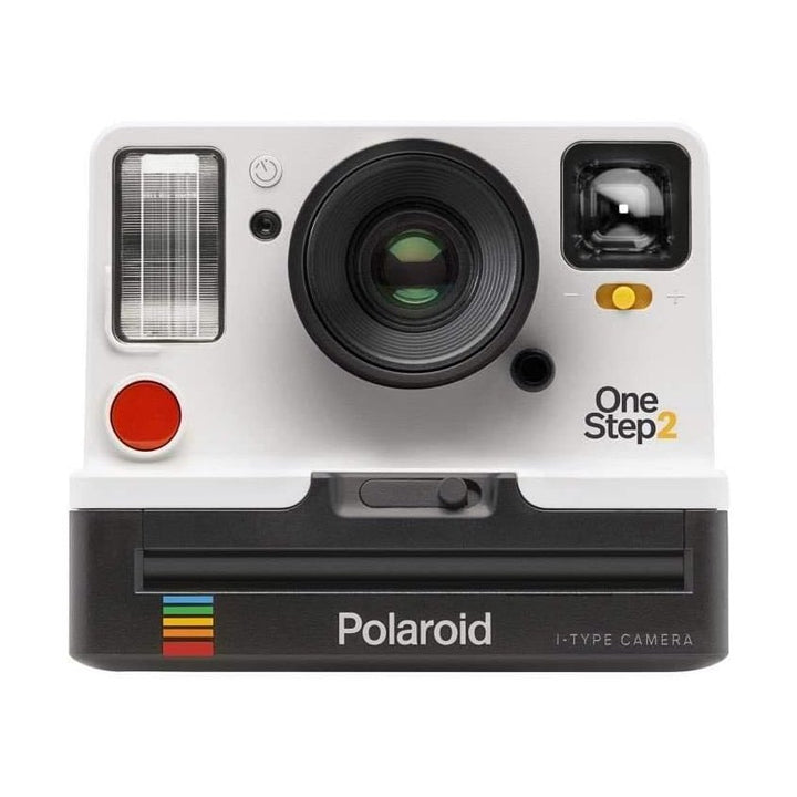 front view white Polaroid OneStep 2 VF instant camera with green-tinted lens and red shutter button at ClubCamera.com