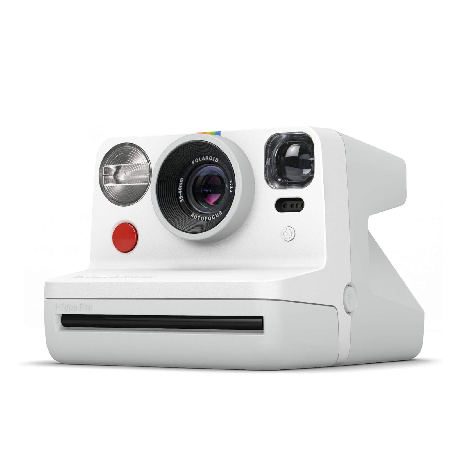 Three-quarter angle of matte white Polaroid Originals Now I-Type instant camera with silver flash and film slot at ClubCamera.com