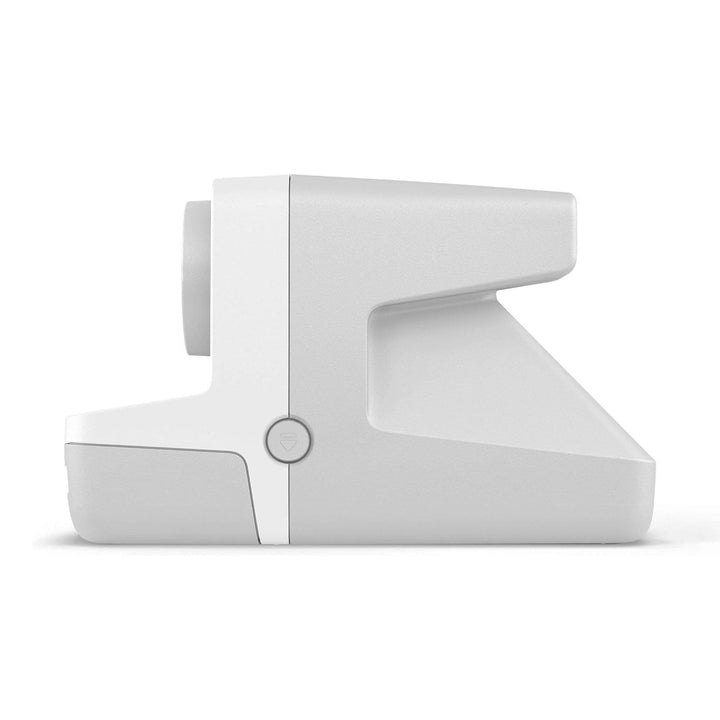 Side profile of sleek white Polaroid Originals Now I-Type camera highlighting ergonomic grip and two-tone finish at ClubCamera.com