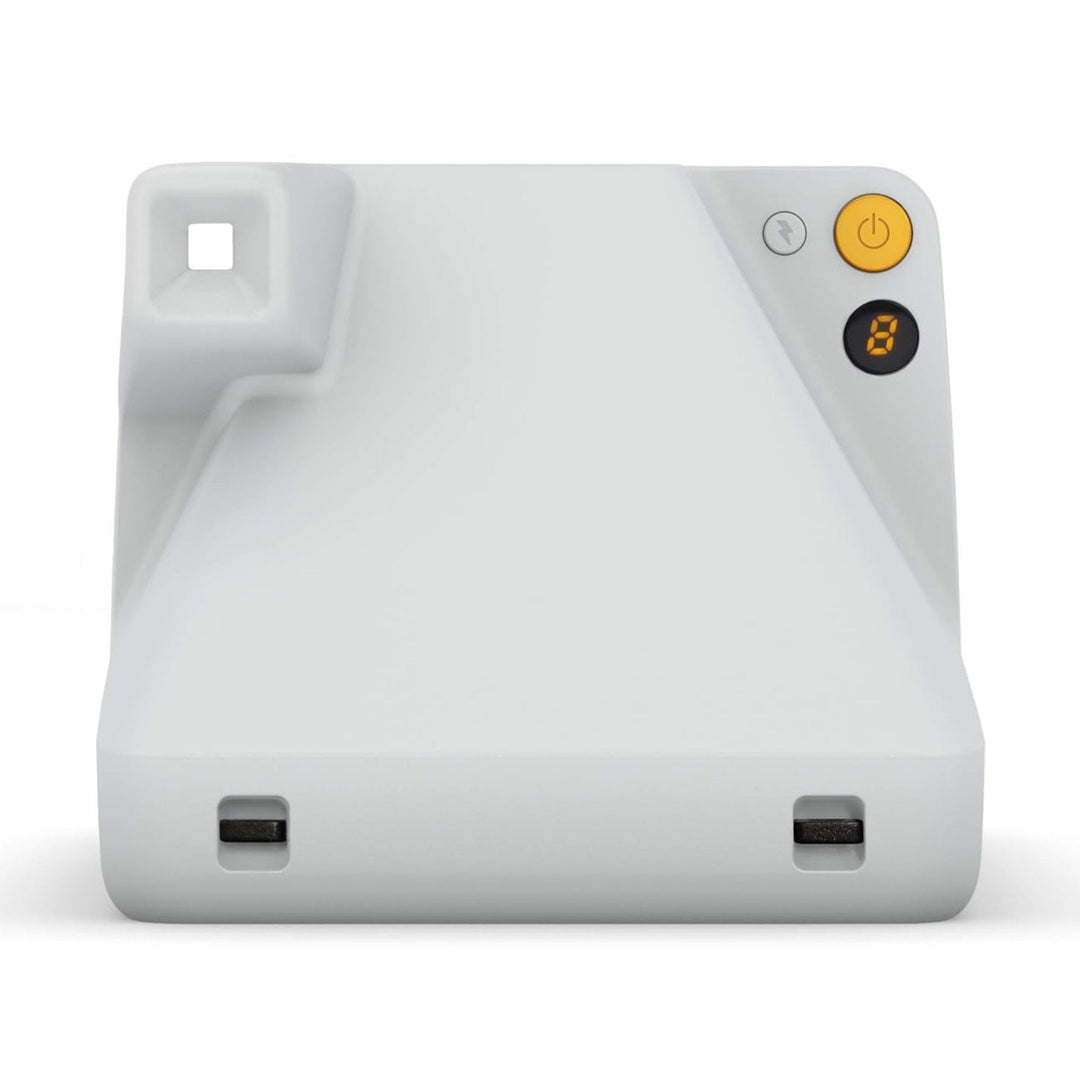 Rear view of white Polaroid Originals Now I-Type camera showing yellow power button and digital display at ClubCamera.com