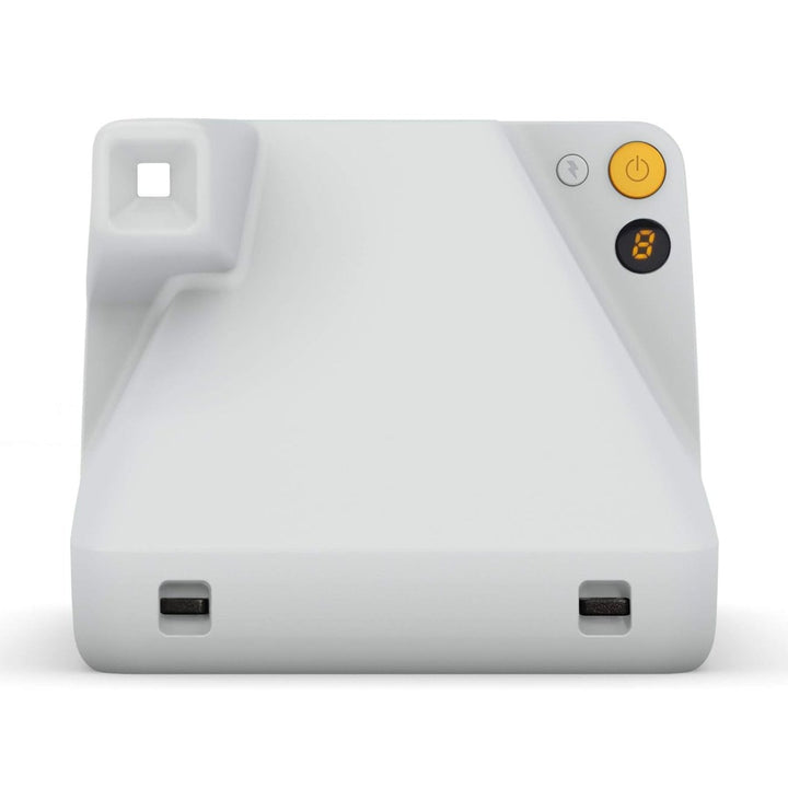 Rear view of white Polaroid Originals Now I-Type camera showing yellow power button and digital display at ClubCamera.com