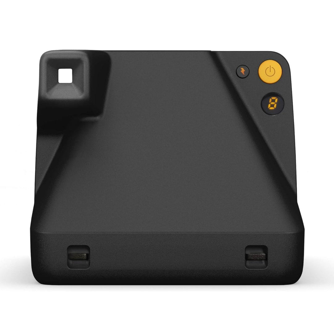 Rear view of black Polaroid Originals Now I-Type instant camera displaying yellow power button and digital film counter at ClubCamera.com