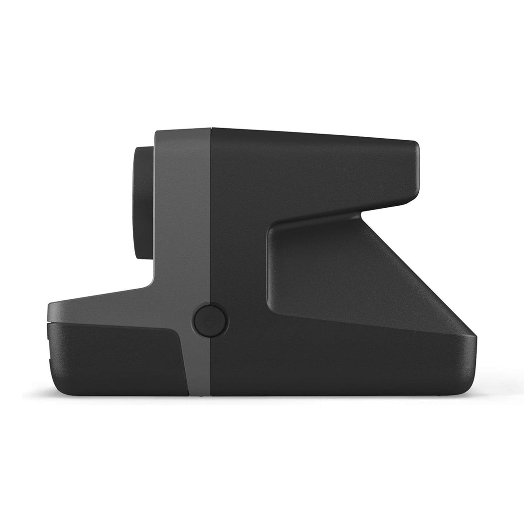 Side profile of black Polaroid Originals Now I-Type camera showing tapered grip and two-tone finish from ClubCamera.com