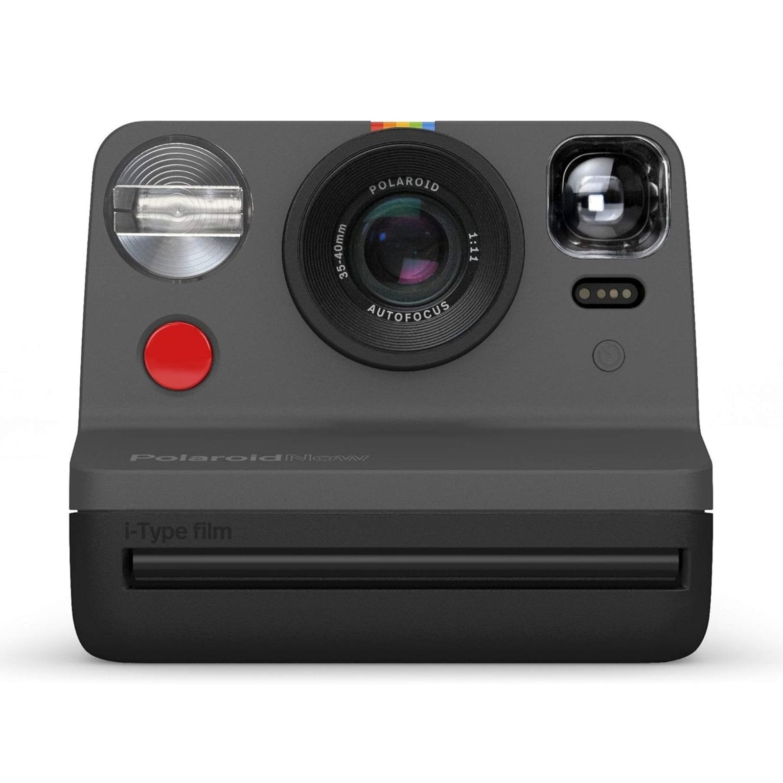 Front view of black Polaroid Originals Now I-Type instant camera with silver flash, red shutter button, and white logo at ClubCamera.com