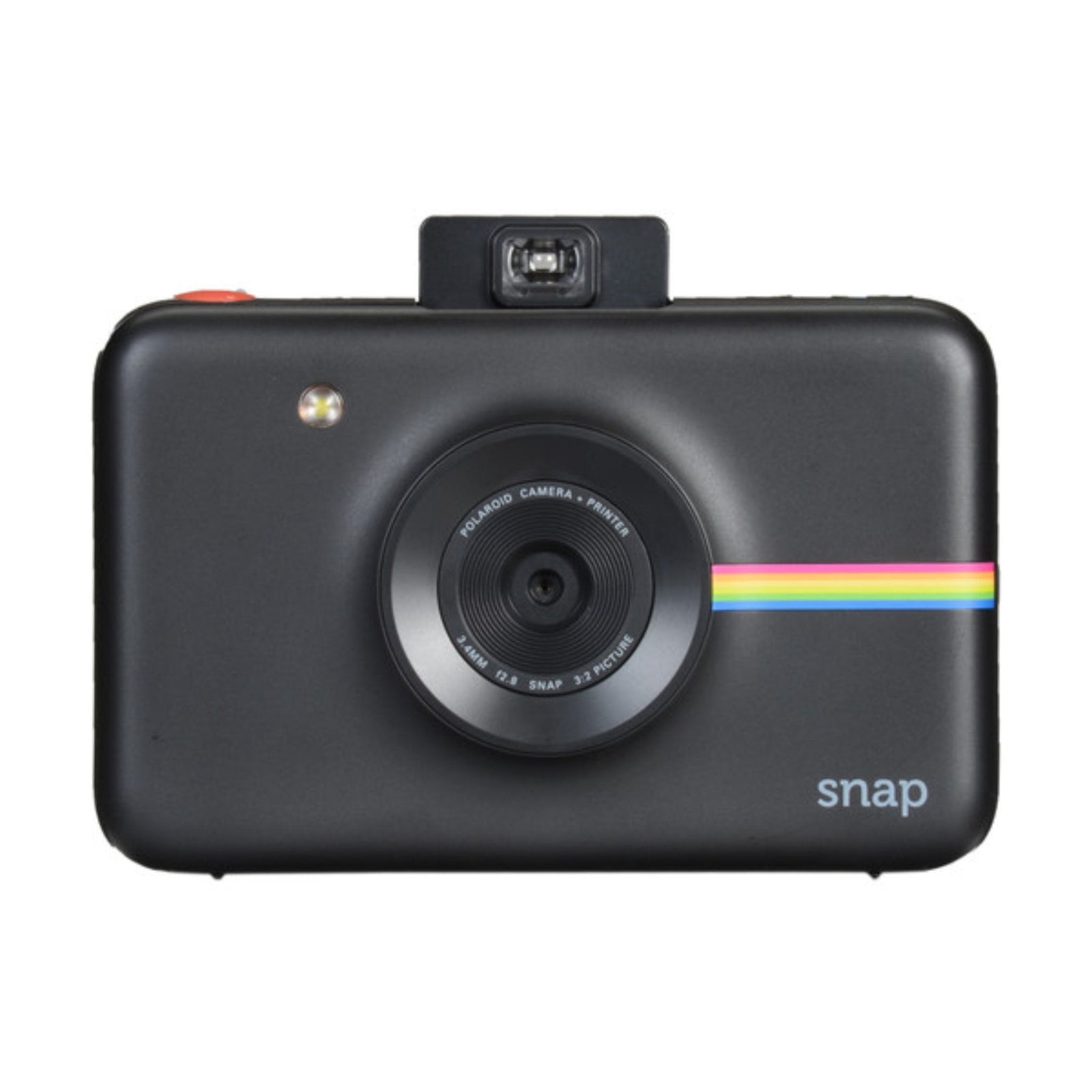 Front shot of black Polaroid Snap instant camera with rainbow stripe at ClubCamera.com