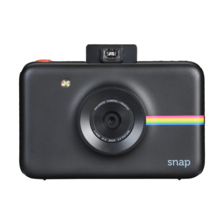 Front shot of black Polaroid Snap instant camera with rainbow stripe at ClubCamera.com