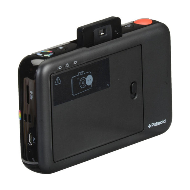 Rear view of black Polaroid Snap instant camera at ClubCamera.com showing USB-C port and MicroSD slot