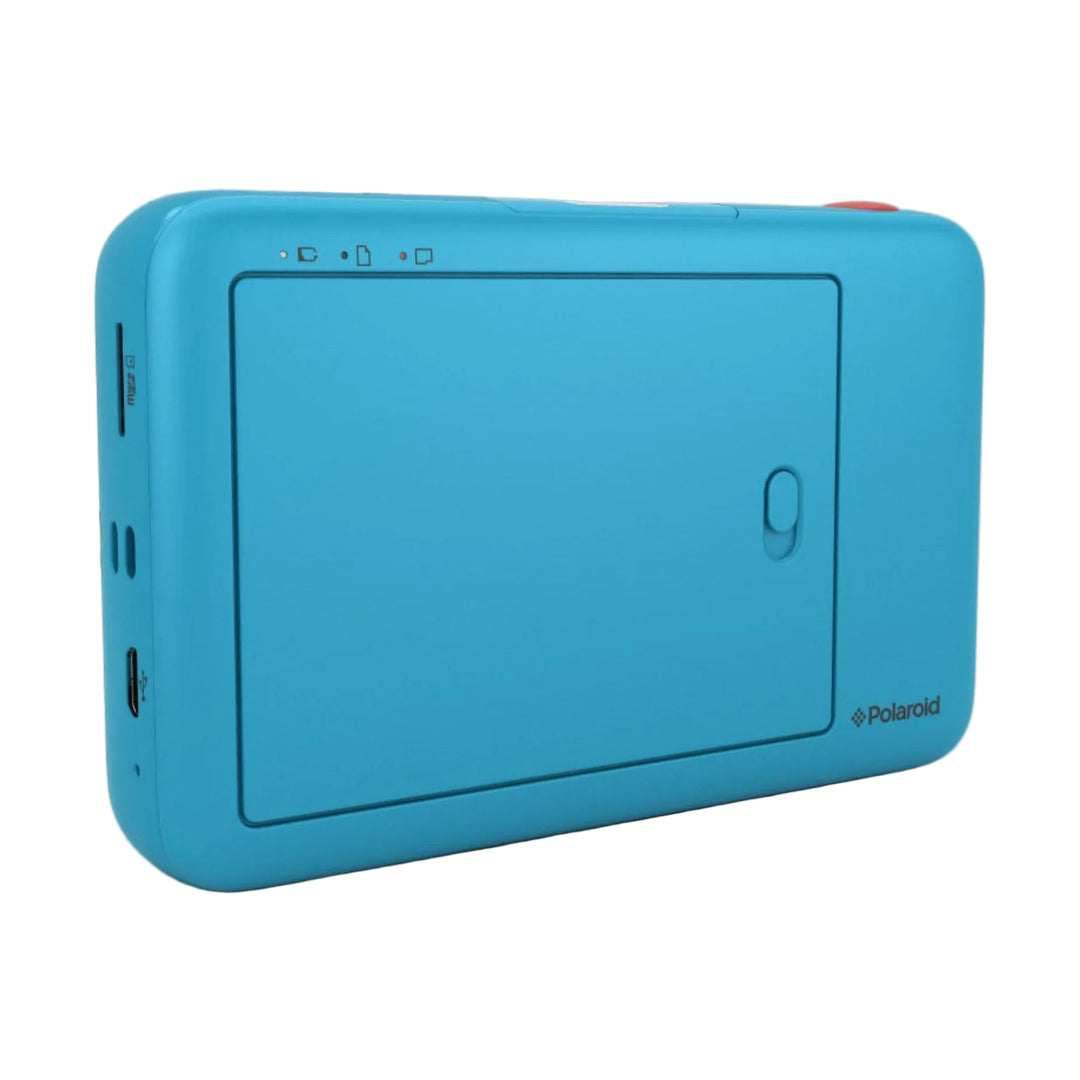 ClubCamera.com rear view of blue Polaroid Snap digital photo printer with microSD slot and USB-C port