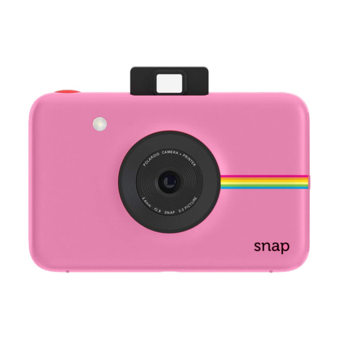 ClubCamera.com front-facing pink Polaroid Snap instant camera-printer featuring rainbow stripe, lens assembly, and iconic branding details