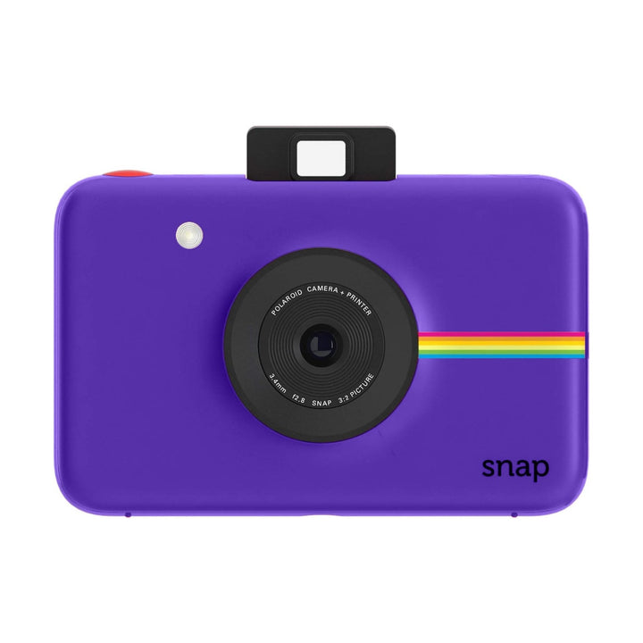 Front of purple Polaroid Snap instant camera-printer with lens and rainbow stripe at ClubCamera.com