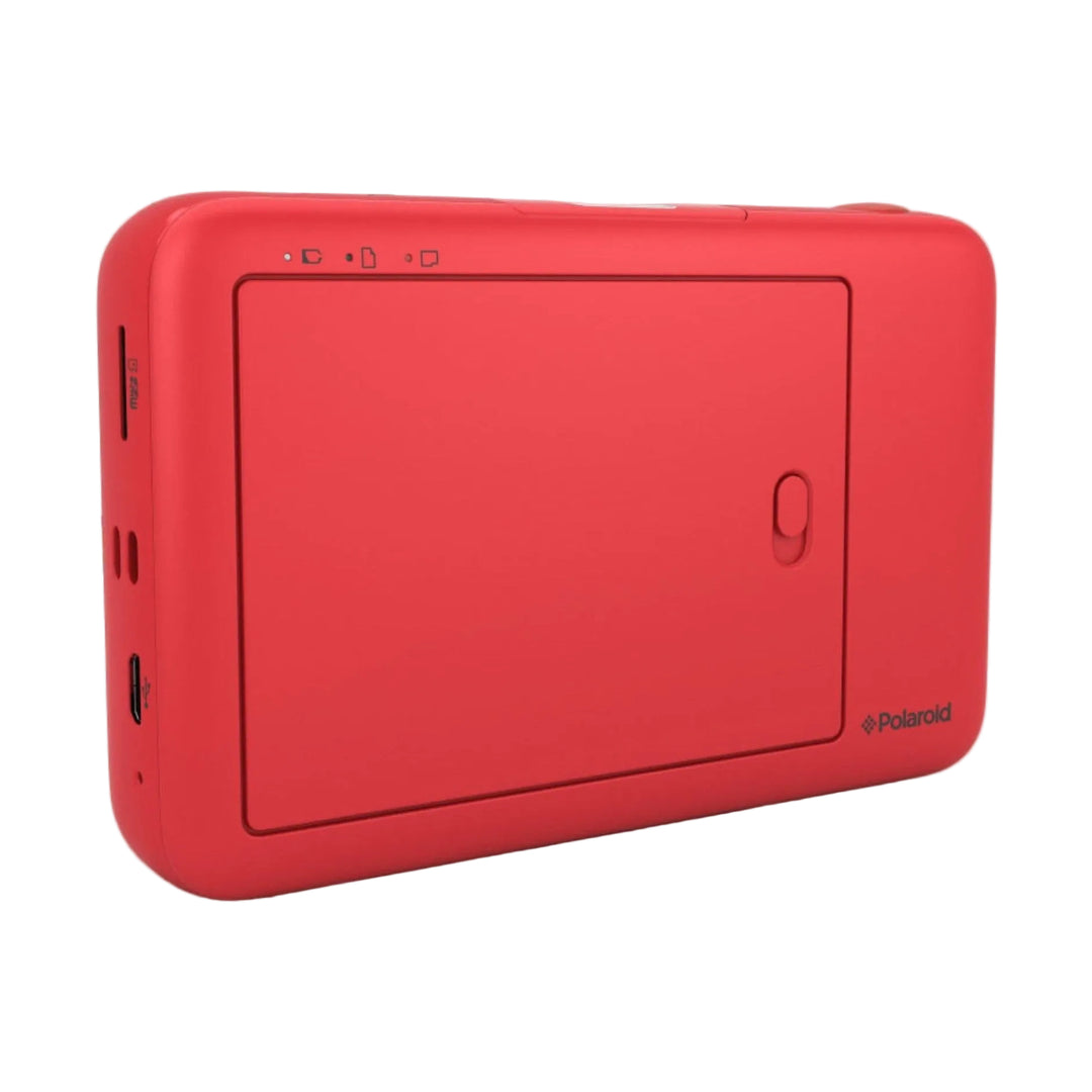 Rear of red Polaroid Snap printer showing ports and status icons by ClubCamera.com