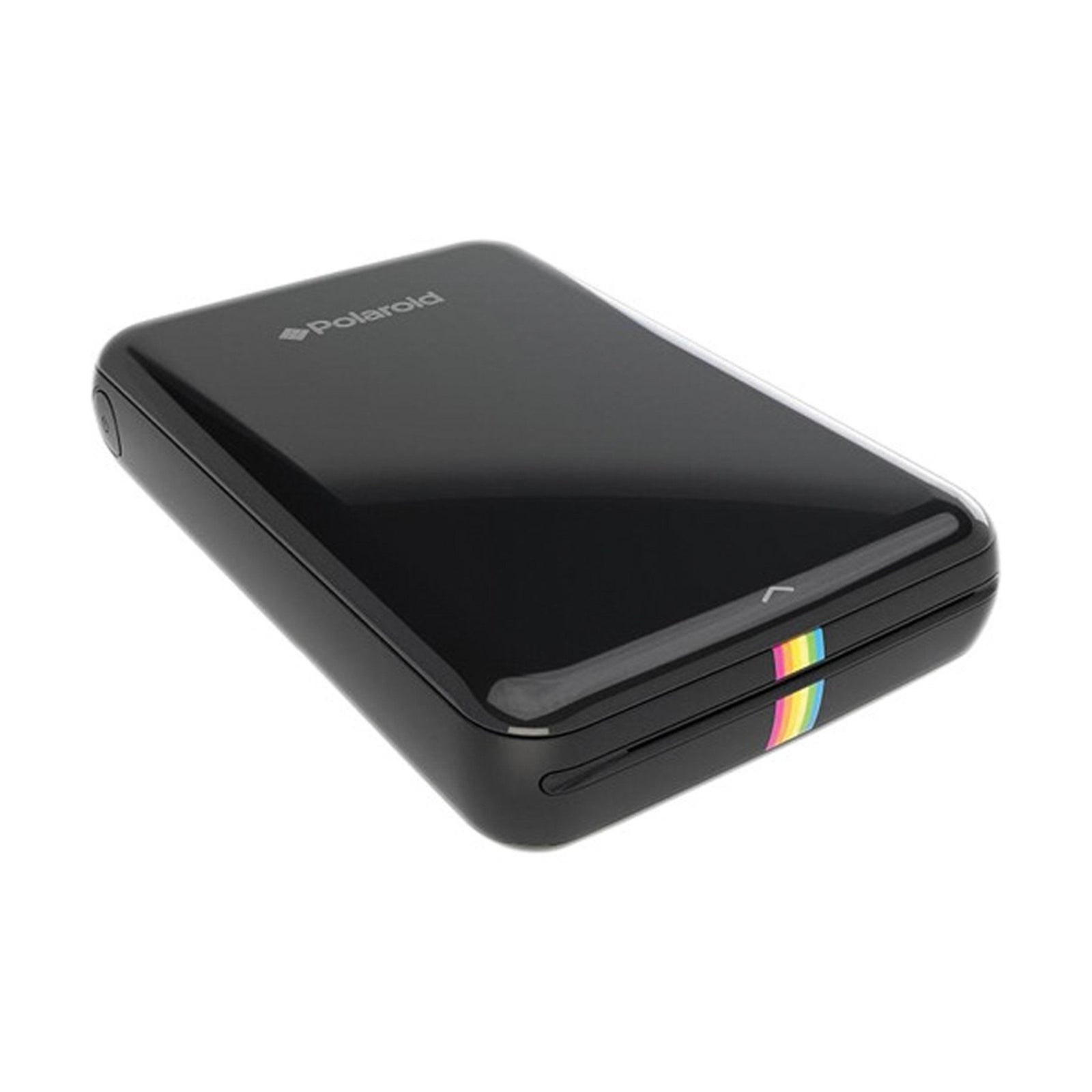Rear view of black Polaroid Zip digital photo printer showing open print slot and compact pocket design