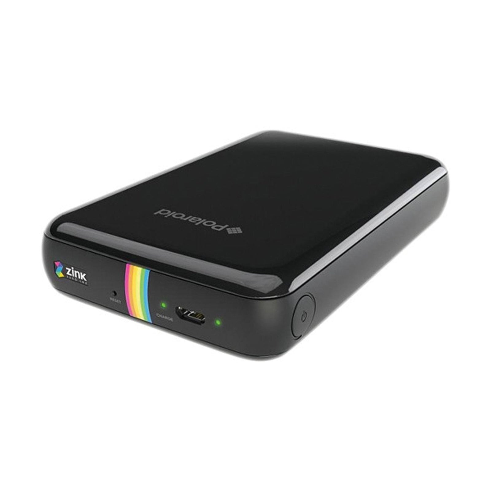 Black glossy Polaroid Zip instant camera with silver logo and rainbow ZINK stripe at ClubCamera.com