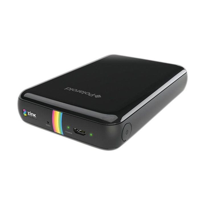 Black glossy Polaroid Zip instant camera with silver logo and rainbow ZINK stripe at ClubCamera.com