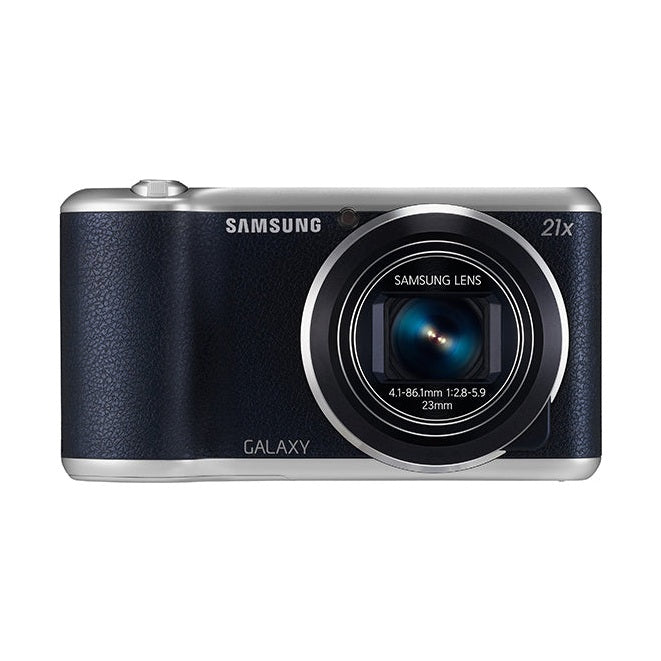ClubCamera.com Samsung Galaxy Camera 2 front shot with navy blue back panel and retracted 21x optical zoom