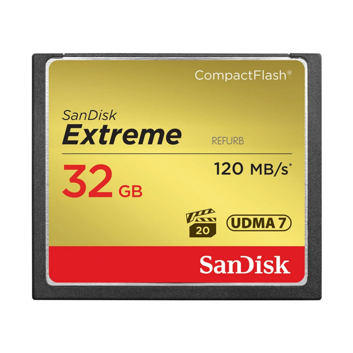 ClubCamera.com front view of renewed SanDisk Extreme 32GB CF memory card with red band and Class 20 icon